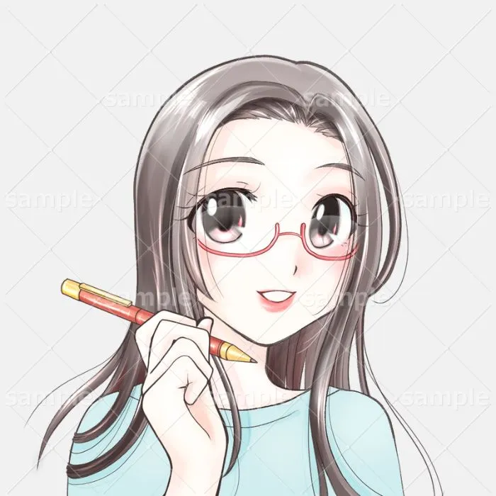 万年筆を持ったロングヘアの女性イラスト